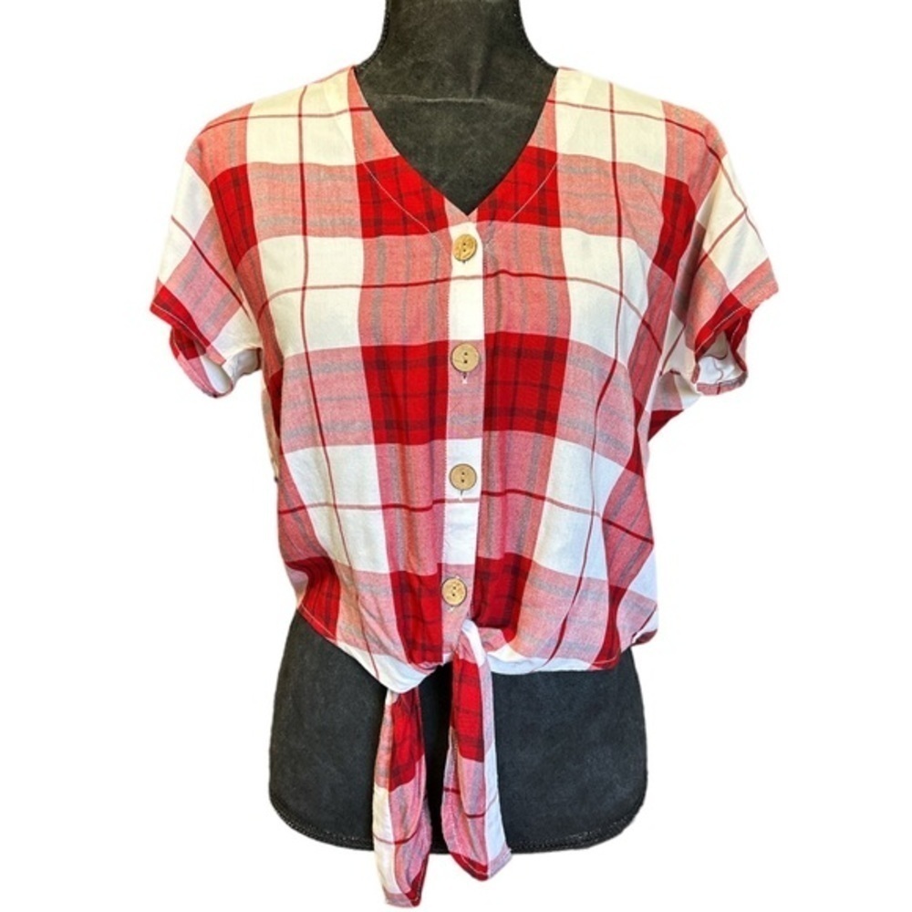 NWT Universal Thread Red & White Plaid Tie Front Button-Up V-Neck ‎ Women's XS